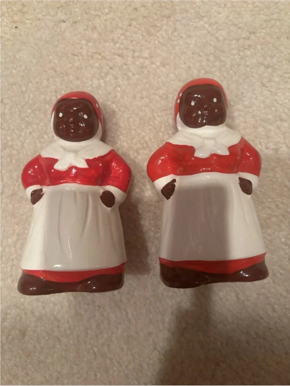 Vintage Ceramic Mammy Salt and Pepper Shakers - Red, White, Brown